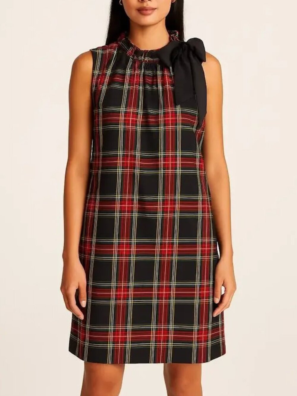 J. Crew Tartan Shift Dress Red Plaid Black Bow Neck Women's Size 14 Holiday